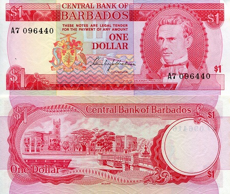 Barbados 1 Dollar Pick Number: 29a aUNC (small corner issue) Banknote