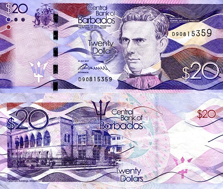 Barbados 20 Dollars Pick Number: 76b  F/VG (folds in note) Banknote