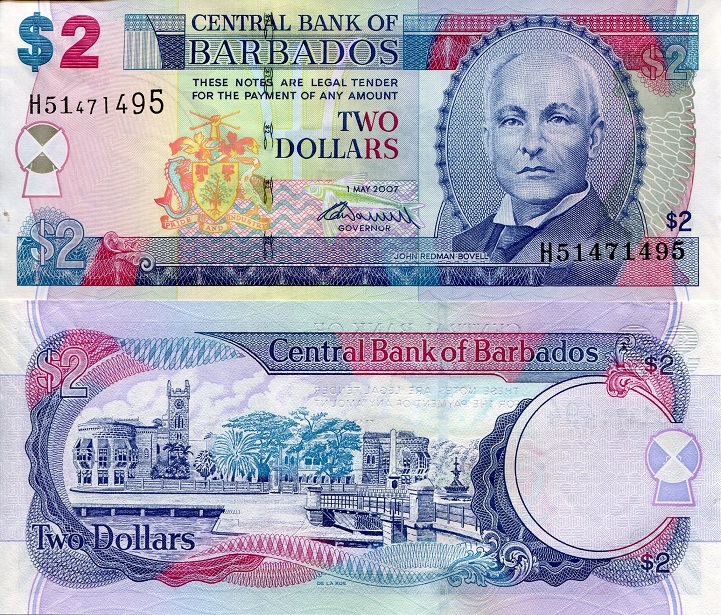 Barbados 2 Dollars Pick Number: 66b UNC Banknote
