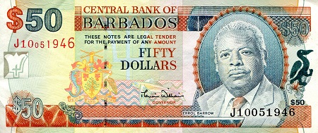 Barbados 50 Dollars Pick Number: 64 XF/VF Banknote