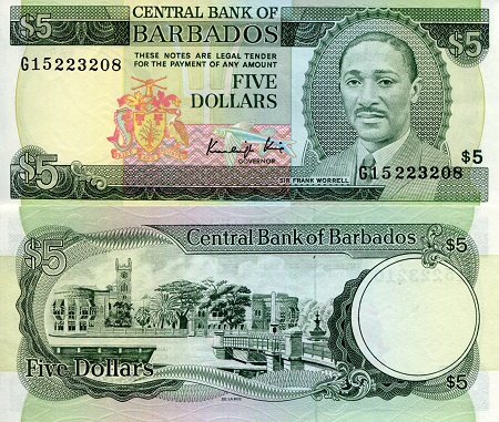 Barbados 5 Dollars Pick Number: 37b aUNC (minor corner issues) Banknote
