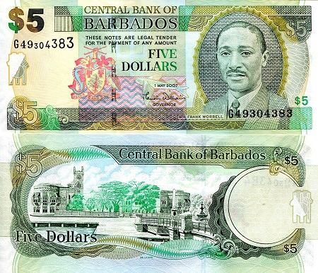 Barbados 5 Dollars Pick Number: 67a UNC (Capping at Security strip) Banknote