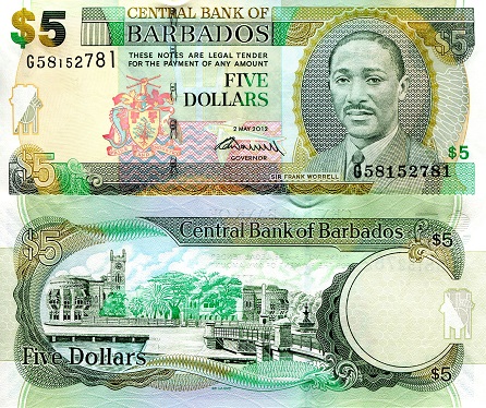 Barbados 5 Dollars Pick Number: 67c UNC (Capping at Security strip) Banknote