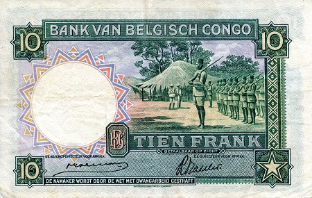Belgian Congo 10 Francs VF+ (see large scan) pick #: 14
