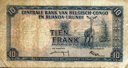 Belgian Congo 10 Francs VG (see large scans) pick #: 30s