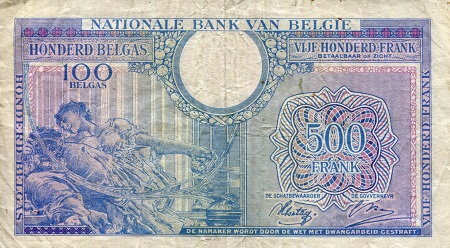 Belgium 500 (100) Francs (Belgas) F (see large scan) pick #: 124a