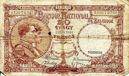 Belgium 20 Francs Pick Number: 111 VG/G (see scan) Banknote