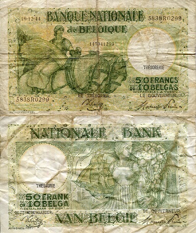 Belgium 50 (10) Francs (Belgas) Pick Number: 106 VG/G (see scan) Banknote