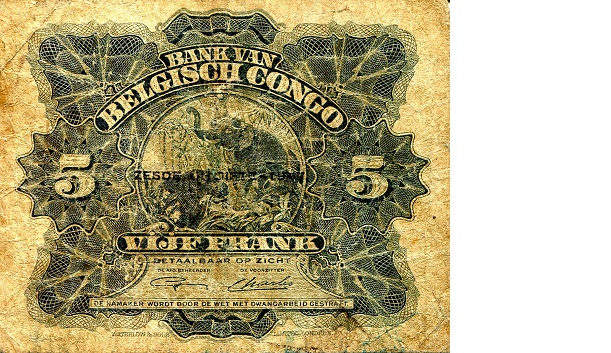 Belgian Congo 5 Francs VF/F (see scan) pick #: 13Ad