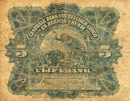 Belgian Congo 5 Francs VG (See large scan) pick #: 21a