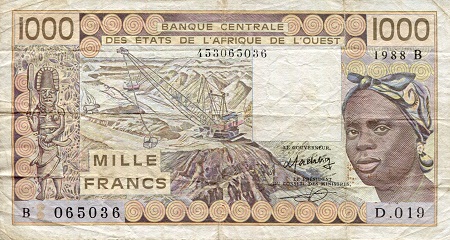 Benin 1,000 Francs Pick Number: 207Bg VG (See large scan) Banknote