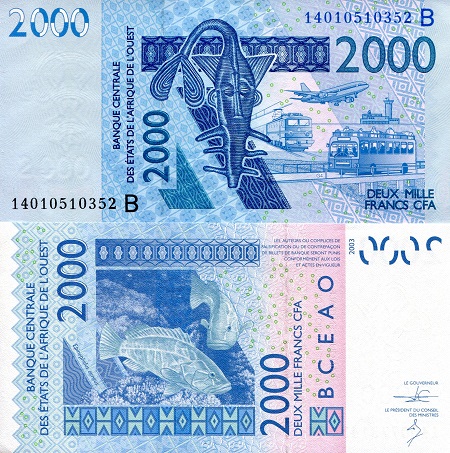 Benin 2,000 Francs Pick Number: 216Bi aUNC (minor corner issues) Banknote