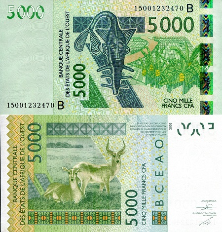 Benin 5,000 Francs Pick Number: 217Bj aUNC Banknote