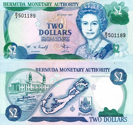 Bermuda 2 Dollar Pick Number: 40Ab UNC Banknote