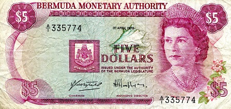 Bermuda 5 Dollars Pick Number: 29a VF/F Banknote