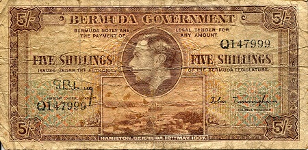 Bermuda 5 Shillings Pick Number: 8a VG/G (see large scan) Banknote