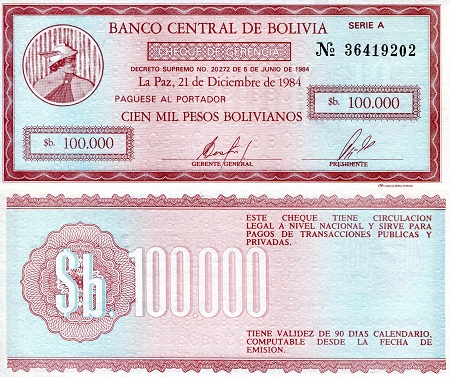 Bolivia  100,000 Bolivianos Pick Number: 188a UNC Banknote