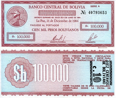 Bolivia  100,000 (10) Bolivianos (Cents) Pick Number: 197a UNC Banknote