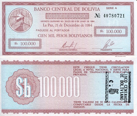 Bolivia  100,000 (5) Bolivianos (Cents) Pick Number: 197b UNC Banknote