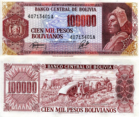 Bolivia  100,000 Bolivianos Pick Number: 171b UNC Banknote