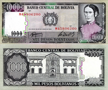 Bolivia  1,000 Bolivianos Pick Number: 167a UNC Banknote