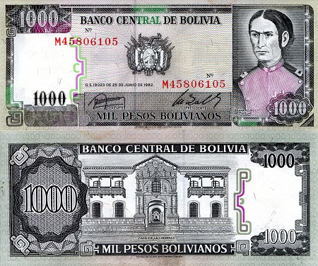 Bolivia  1,000 Bolivianos Pick Number: 167a aUNC/XF (small corner issues) Banknote