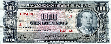 Bolivia  100 Bolivianos Pick Number: 147a VF (Crinkly) Banknote