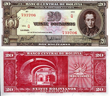 Bolivia  20 Bolivianos Pick Number: 140a UNC Banknote