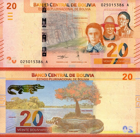 Bolivia  20 Bolivianos Pick Number: 249 UNC Banknote