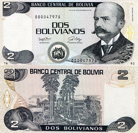 Bolivia  2 Bolivianos Pick Number: 202a UNC Banknote