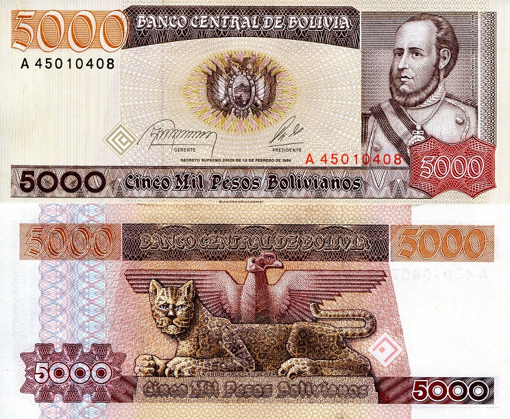 Bolivia  5000 Bolivianos Pick Number: 168 UNC Banknote