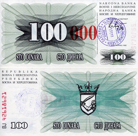 Bosnia 100,000 Dinara Pick Number: 56b UNC Banknote
