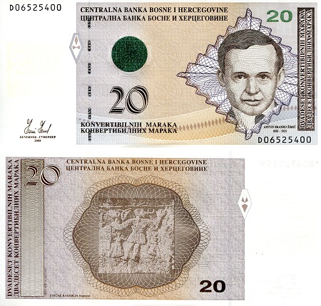 Bosnia 20 Marka Pick Number: 74a UNC Banknote