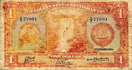 British Guiana 1 Dollar Pick Number: 12b G/Poor (see large scan) Banknote