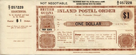 British Guiana 1 Dollar Pick Number: NP (Postal Order) Not Graded Banknote