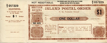 British Guiana 1 Dollar Pick Number: NP (Postal Order) Not Graded Banknote