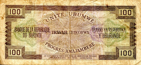 Burundi 100 Francs F (see large scan) pick #: 23f