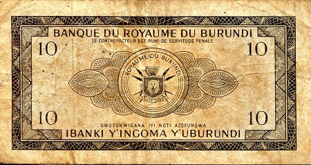Burundi 10 Francs VG (see large scan) pick #: 9d