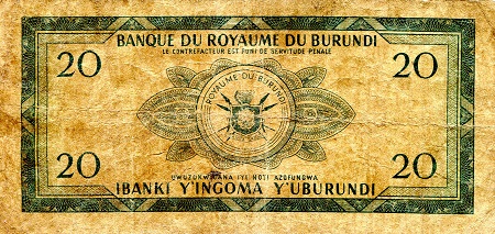 Burundi 20 Francs F/VG (see large scan) pick #: 15c