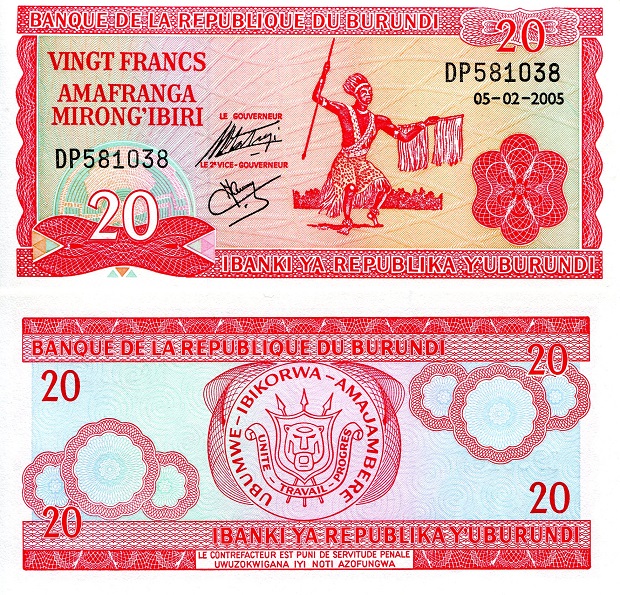 Burundi 20 Francs Pick Number: 27d UNC Banknote