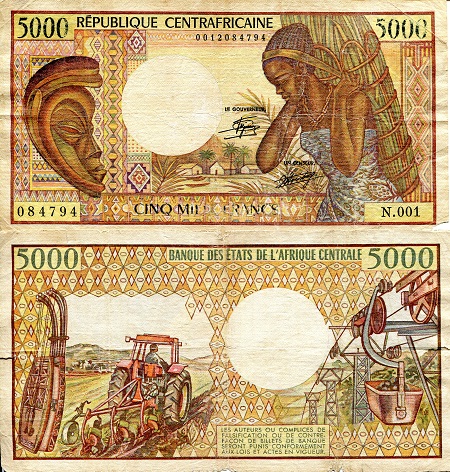 Central African Republic 5,000 Francs Pick Number: 12a VG (see large scan) Banknote