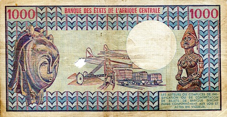 Central African Republic 1,000 Francs Pick Number: 10c G (see large scan - hole in note) Banknote