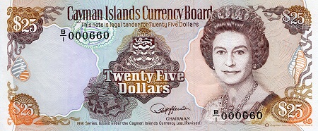 Cayman Islands 25 Dollars Pick Number: 14a UNC Banknote