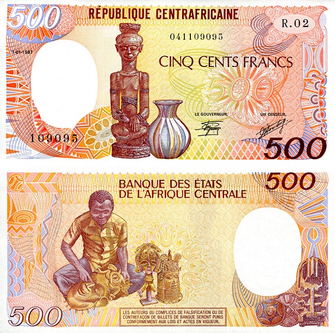 Central African Republic 500 Francs Pick Number: 14c aUNC (Minor nick BLH corner) Banknote