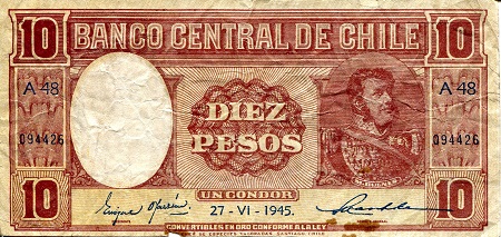 Chile 10 Peso Pick Number: 103d VG (see large scan) Banknote