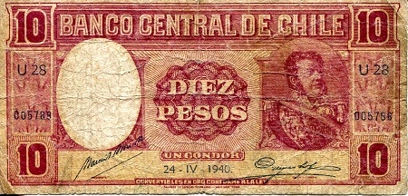 Chile 10 (1) Peso (Condor) Pick Number: 92j VG /G(see large scan) Banknote