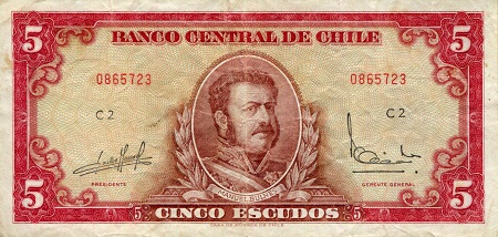 Chile 5 Escudos Pick Number: 138c F (see large scan) Banknote