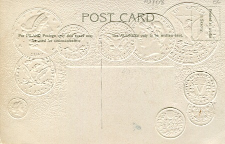 USA - Postcards Flag; Coins represented in card (not real coins); Conversion table of coin value to other countries - This is a pre 1905 Postcard (Over 100 years old)
