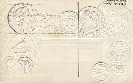 USA - Postcards In German; Flag; Coins represented in card (not real coins); Conversion table of coin value to other countries - This is a pre 1905 Postcard (Over 100 years old)
