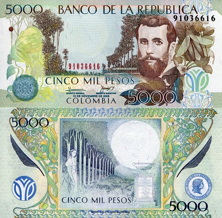 Colombia 5,000 Pesos Pick Number: 452i UNC Banknote